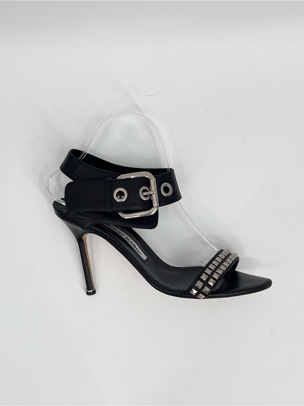 Manolo Blahnik Black Studded Ankle-Strap Stiletto Sandal 39.5